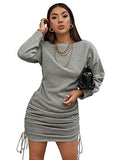 SheIn Women's Ruched Long Sleeve Mini Sweatshirt Dress Drawstring Round Neck Short Dresses | Women's Casual Dresses