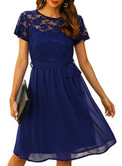 Women's Scooped Neckline Floral Lace Top Cocktail Bridesmaid Party Midi Dress My058 | Women's Lace Dresses