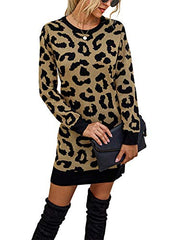 KIRUNDO Women’s 2021 Winter Long Sleeves Mini Sweater Dress Leopard Plaid Print Crew Neck Oversized Long Knit Pullover Tops