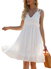 Womens Summer V Neck Adjustable Spaghetti Strap Lace Dresses Sleeveless Flowy Short Dresses With Pockets