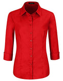 Red Sleeve Womens Slim-Fit Long Sleeve Stretchy Button Down Collar Office Formal Casual Shirt Blouse - EZEN | Women's Tops and Blouses