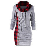 Women's Dress Sweatshirt Ladies Plaid Button Collar Drawstring Stitching Tops Tunic Casual Long Sleeve Pullover Shirts Fancy Cocktail Dress Party Dress Maxi Dress