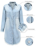 Women Denim Shirt Dresses Long Sleeve Distressed Jean Dress Button Down Casual Tunic Top