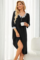 Women 3/4 Sleeves Lace Nightgown V Neck Sleepwear Button Down Loungewear Sleep Dress | Women's Casual Dresses