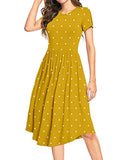 Dot Yellow Summer Polka Dot Casual Midi Tunic Short/Long Sleeve Plain Dress Pleated Loose Flowy Floral Ladies Dress with Pocket - YUNDAI | Women's Casual Dresses