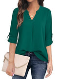 Green Women's Casual Chiffon V Neck 3/4 Sleeve Blouse Tops - Timeson | Women's Tops and Blouses