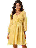 Women's Elastic Waist V Neck 3/4 Sleeve A-line Solid Flowy Chiffon Dress