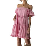 Women Casual Off Shoulder Short Sundress Short Sleeve Ruffle Mini A-line Dress with Pockets | Original Brand