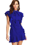 Blue Women's Tie Neck Short Sleeve Ruffle Hem Cocktail Party Dress - Floerns | Women's Cocktail Dresses