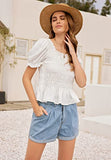 Women Square Neck Smocked Blouse Long Sleeve Shirred Ruffle Peplum Tops | Original Brand | Women's Tops and Blouses