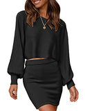 MEROKEETY Women's Puff Sleeve 2 Piece Knit Outfits Solid Color Crop Top Bodycon Skirt Set Sweater | Women's Casual Dresses