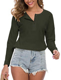 WNEEDU Women's Long Sleeve Waffle Knit Tunic Blouse Casual Button Up Henley Shirts Plain Tops Army Green M | Women's Sweaters