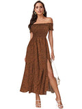 Dark Coffee Women's Boho Floral Print Off Shoulder Split Long A Line Dress - Floerns | Women's Formal Dresses