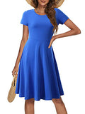 Blue Spring/Summer Casual Women Short Sleeve Round Neck A Line Fit and Flare Midi Skater Dress - HUHOT | Women's Casual Dresses