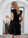 Womens Summer Dress Sleeveless Ruffle Sleeve Round Neck Mini Dress Solid Color Loose Fit Short Flowy Pleated Dress