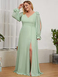 Elegant Plus Size Chiffon Long Sleeve Side Slit Formal Dress - Sara Clothes