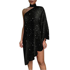 SHOPESSA Sundress for Women One Shoulder Long Sleeve Graphic Print Casual Loose Asymmetrical Neck Knee-Length Dress | Women's Casual Dresses