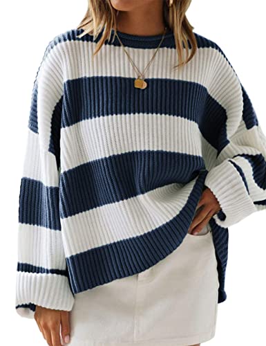 Women's Long Sleeve Crew Neck Striped Color Block Comfy Loose Oversized Knitted Pullover Sweater