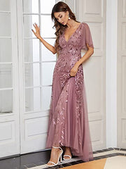 Women's V-neck Embroidery Short Sleeve Wedding Party Evening Dress 0734