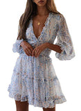 Womens Spring Summer Deep V Neck Ruffle Long Sleeve Floral Print Mini Dress