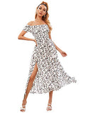 White Women's Boho Floral Print Off Shoulder Split Long A Line Dress - Floerns | Women's Formal Dresses