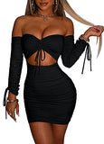 Women's Sexy Tube Long Sleeve Cutout Drawstring Ruched Bodycon Mini Club Dress