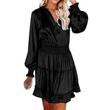 Women's Dress Sweet & Cute Dress Ladies Casual V-Neck Long Sleeve Solid Ladies Patchwork Mini Dress Fancy Cocktail Dress Party Dress Maxi A-line Dress