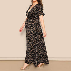 Women Short Sleeve Bandage Dress Fashion Sexy Plus Size Leopard Print V-neck Loose Party Dress