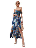 Blue Tribal Women's Boho Floral Print Off Shoulder Split Long A Line Dress - Floerns | Women's Formal Dresses
