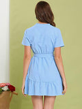 Women's Cotton Button Down Shirt Dress Ruffle Collar Neck Belted Hem Short Sleeve Casual Above Knee Shirtdress