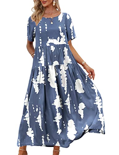 Blue White Dresses Casual Plus Size Bohemian Short Sleeve Floral Long Original Brand