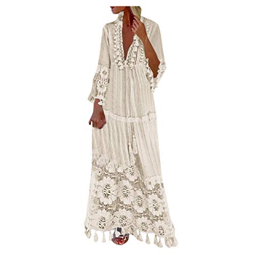 Dress For Women V Neck Long Sleeve Tassel Plus Size Long Lace Dress Vacation Beach Ethnic Style Maxi Dresses