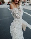 Women Sexy Lace Derss Long Sleeve V Neck Lace Fishtail Skirt Bodycon Club Evening Midi Dress | Women's Casual Dresses