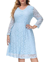 Women's Plus Size Lace Cocktail Dresses For Wedding Guest V Neck Midi Party Dress