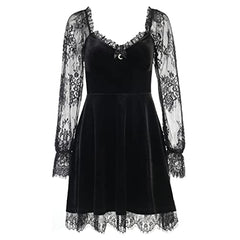 Womens V Neck Velvet Lace Ruffle Gothic Punk Party Spaghetti Strap Mini Dress