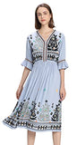 Shineflow Women's Short Sleeve Mexican Embroidered Floral Pleated Midi A-line Cocktail Dress