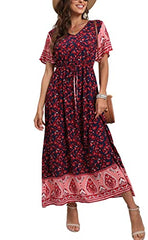 Red Leaf Navy Summer Maxi Boho Beach Dress Floral Print Dress V Neck Short Sleeve Drawstring High Waist Flowy Long Midi Dresses - GRECERELLE