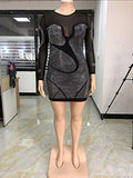 Womens Sexy Plus Size Long Sleeve Rhinestone Mesh See Through Bodycon Party Club Mini Dress Clubwear