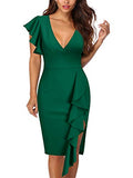 Dark Green Women's Deep-V Neck Ruffle Sleeves Cocktail Party Pencil Slit Formal Dress - Knitee | Women's Cocktail Dresses