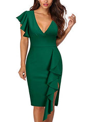 Dark Green Women's Deep-V Neck Ruffle Sleeves Cocktail Party Pencil Slit Formal Dress - Knitee