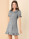 Women's Ruffle Peter Pan Collar Casual Button Up Plaid Checkered Dress