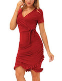 LIUMILAC Dress Women Ruched Bodycon Dress with Surplice V Neck Ruffle