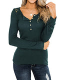 BTFBM Women Long Sleeve V Neck Button Up Solid Tops Blouses Trendy Slim Fit Lace Sleeves Ribbed Knit Casual Shirts Tunic (Hollow Out Dark Green, Small) | Women's Casual Dresses