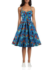 Wellwits Women's Summer Floral Print High Waist Strap Vintage Dress Sundress | Women's Cocktail Dresses