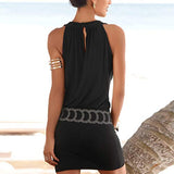 Womens Sleeveless Dresses Summer Fashion Printed Crew-neck Bodycon Mini Tank Beach Party Dress | Women's Lace Dresses