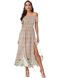 Multi Floral Women's Boho Floral Print Off Shoulder Split Long A Line Dress - Floerns | Women's Formal Dresses
