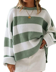 ZESICA Women's Long Sleeve Crew Neck Striped Color Block Comfy Loose Oversized Knitted Pullover Sweater