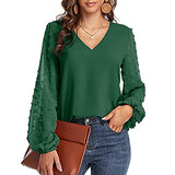 Women's Lantern Sleeve V Neck Chiffon Shirt Casual Work Shirt Swiss Dot Top | Original Brand | Women's Tops and Blouses