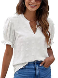 Womens Puff Sleeve Summer Tops Chiffon Short Sleeve Blouses White V Neck Pom Pom Shirts | Original Brand | Women's Tops and Blouses