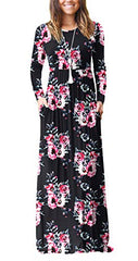 Print Black Casual Short/Long Sleeve Maxi Dress with Pockets - HAOMEILI